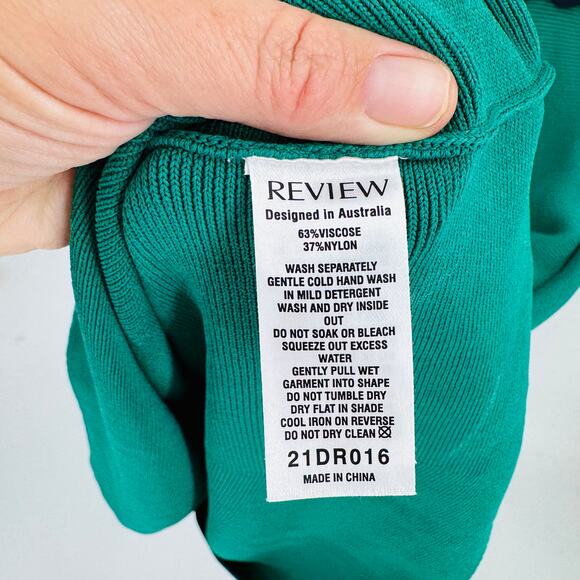 Review Green Fit & Flare Knit Dress with Contrast Trim Size 14 Preppy Work Wear - Picture 8 of 9